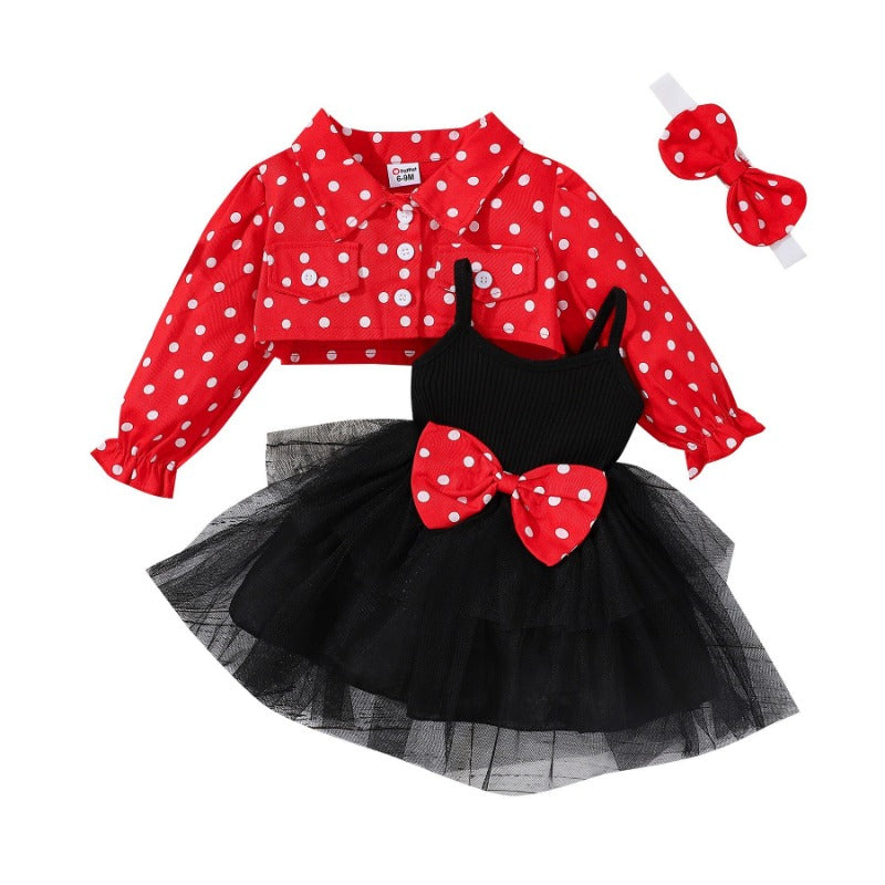 Wholesale European and American polka dot lapel single breasted long sleeved top with camisole bow skirt baby clothes